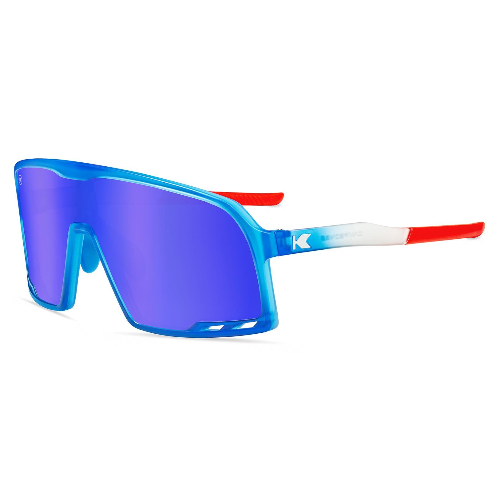 Sport Sunglasses with Red, White, and Blue Gradient Frames and Blue Lenses, Flyover