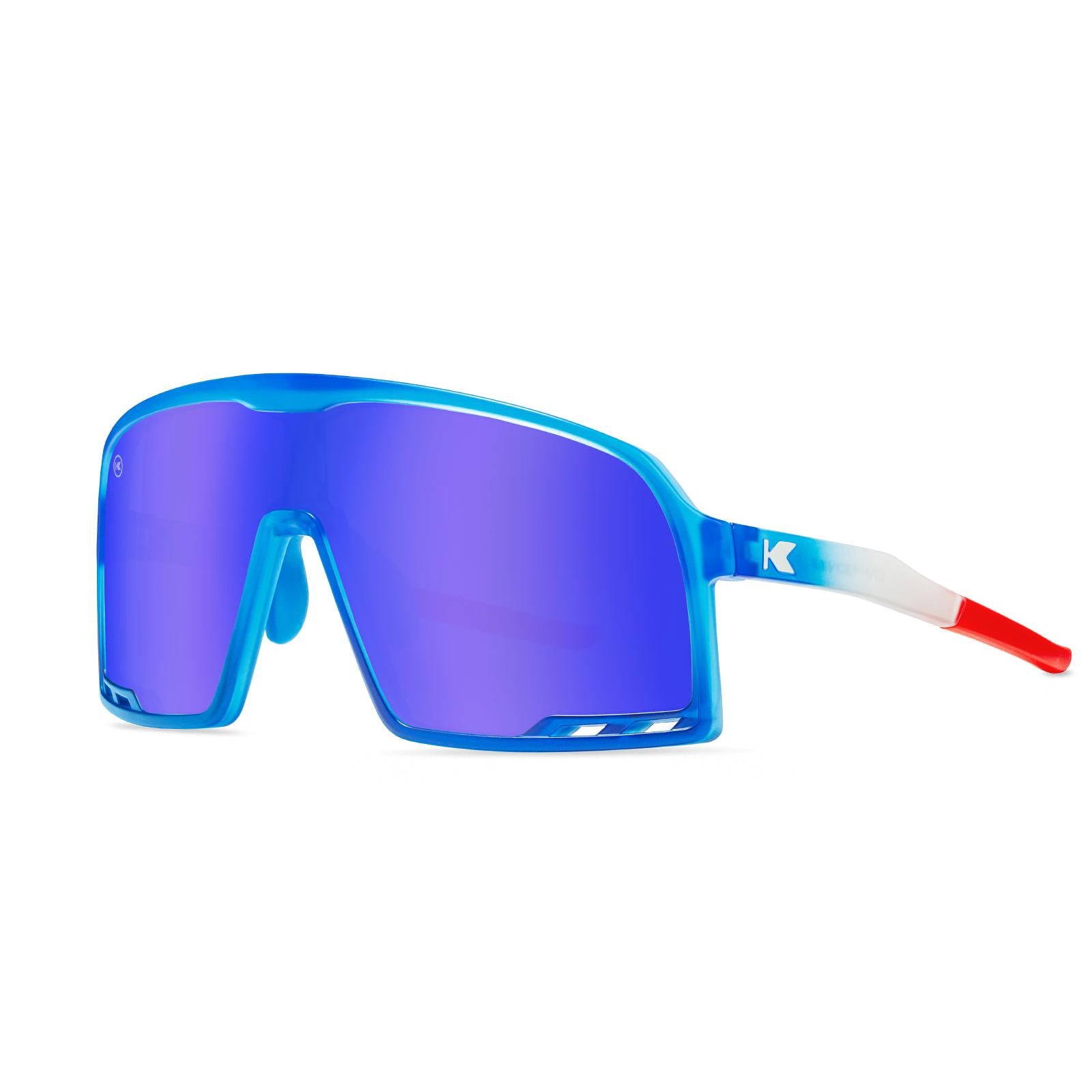 Sport Sunglasses with Red, White, and Blue Gradient Frames and Blue Lenses, Threequarter
