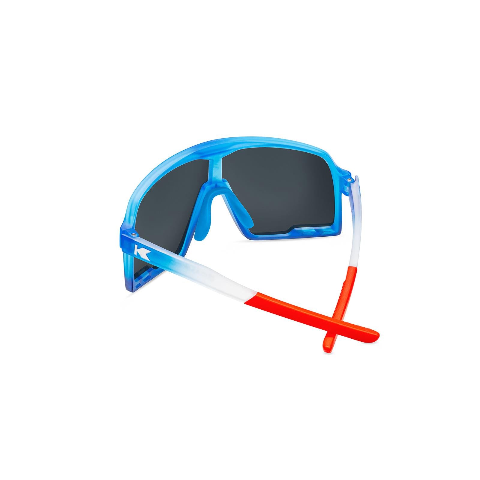 Kids Sport Sunglasses with Red, White, and Blue Gradient Frames and Blue Lenses, Back