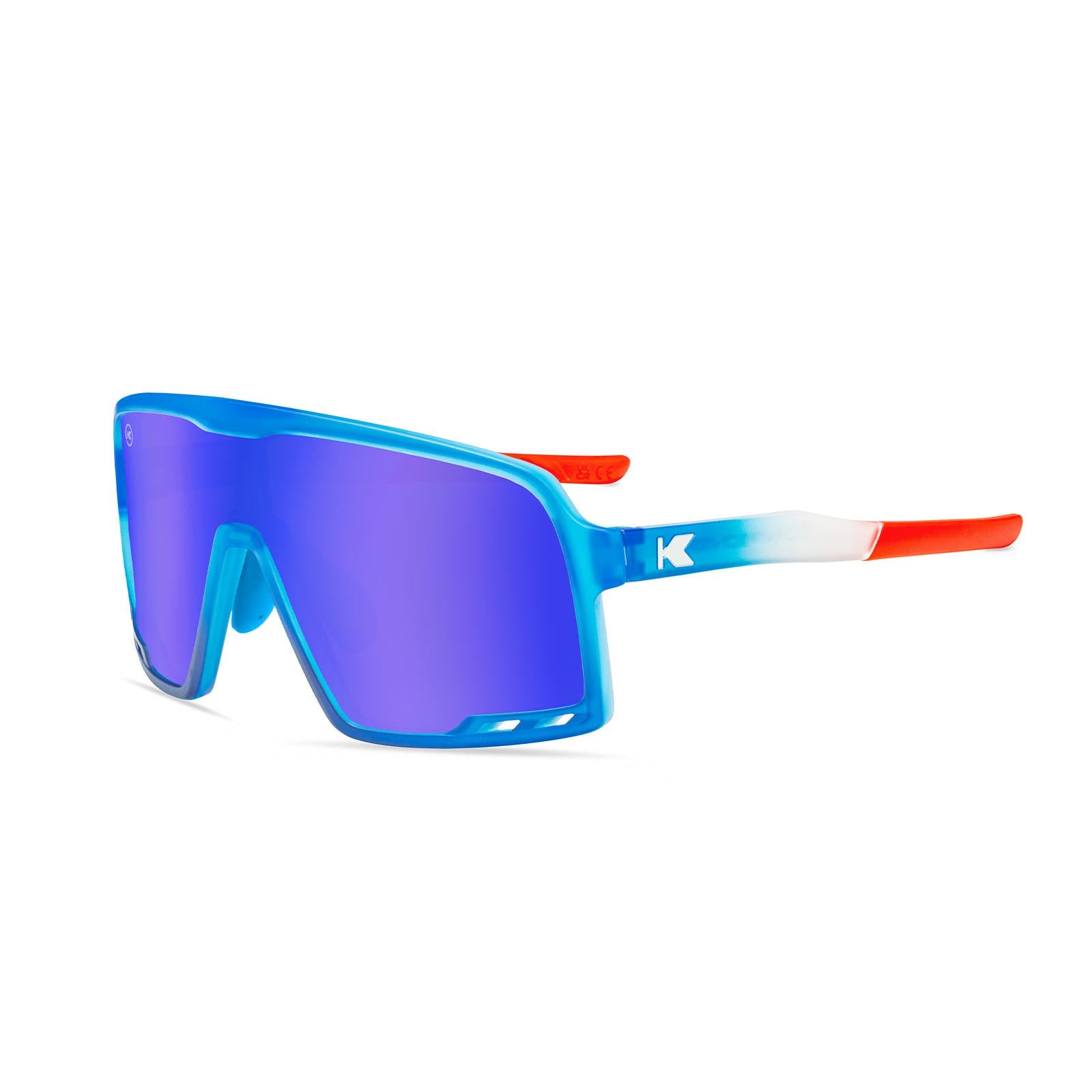 Kids Sport Sunglasses with Red, White, and Blue Gradient Frames and Blue Lenses, Flyover