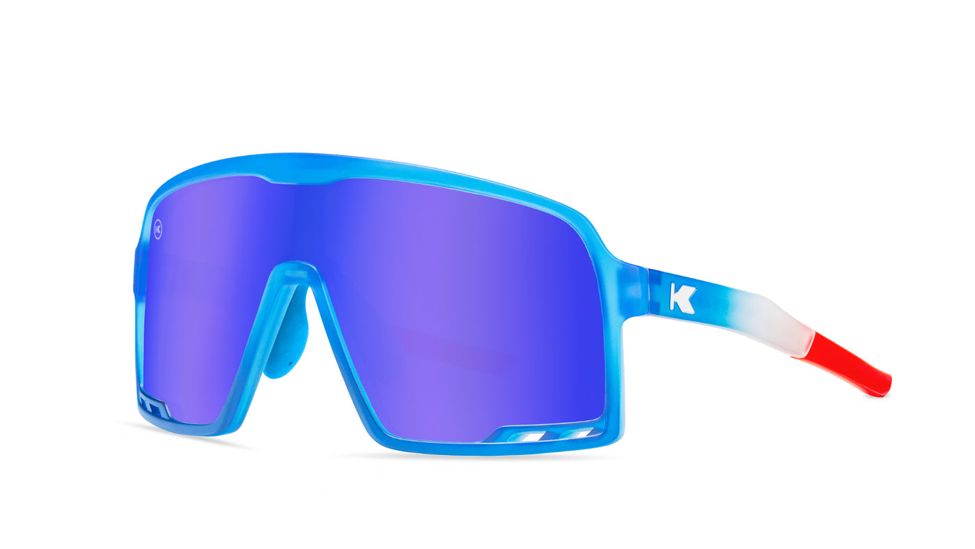 Kids Sport Sunglasses with Red, White, and Blue Gradient Frames and Blue Lenses, Threequarter