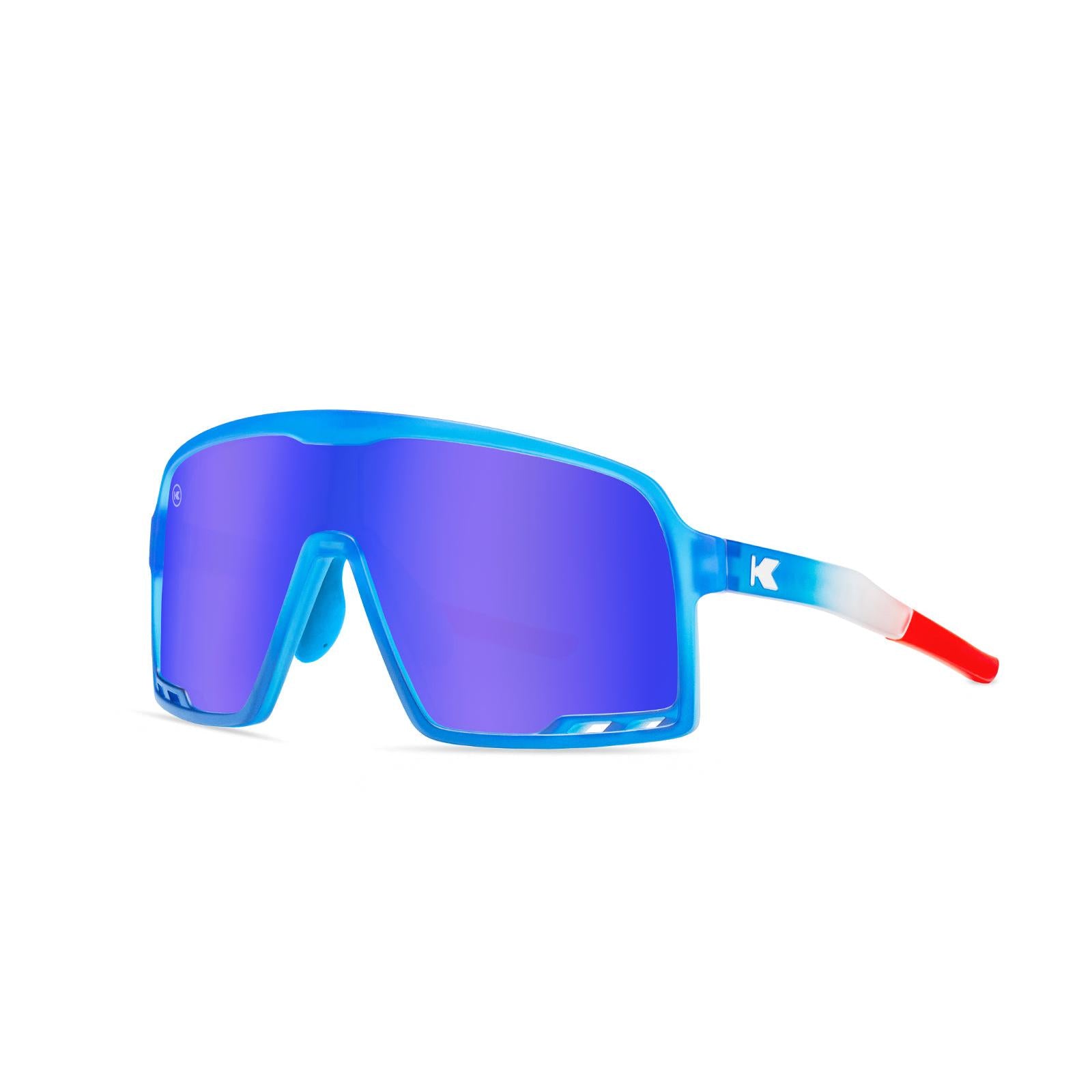 Kids Sport Sunglasses with Red, White, and Blue Gradient Frames and Blue Lenses, Threequarter