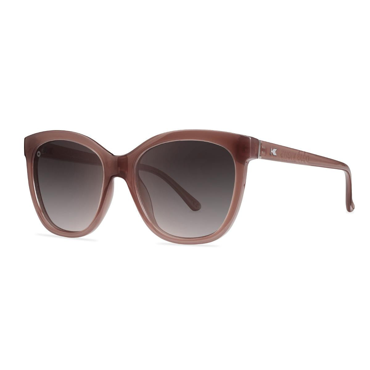 Sunglasses with Rose Latte Frames and Polarized Amber Gradient Lenses, Threequarter