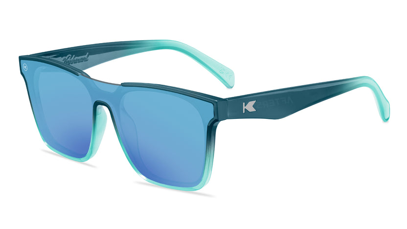 Sunglasses with a blue frame with polarized blue lenses, flyover