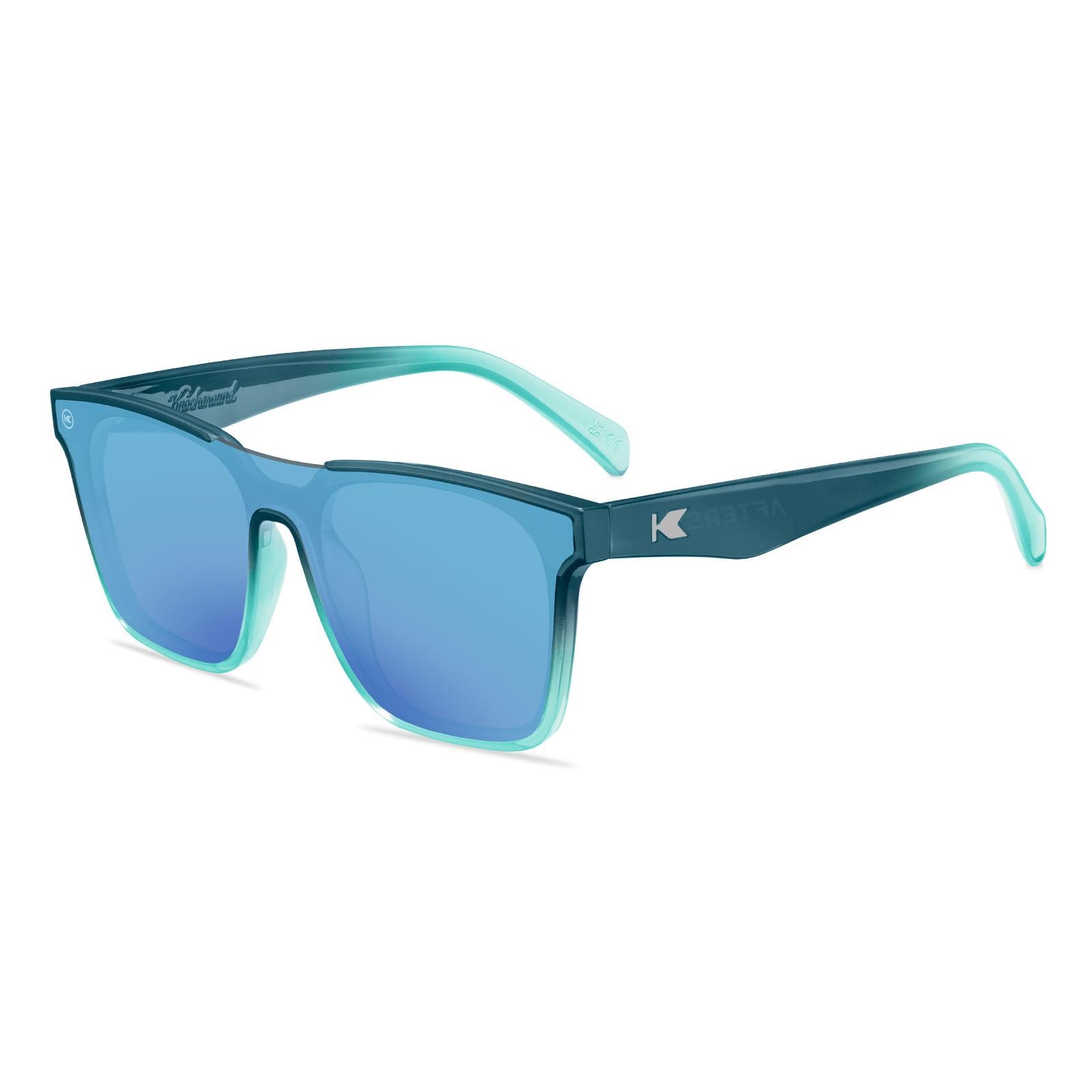 Sunglasses with a blue frame with polarized blue lenses, flyover
