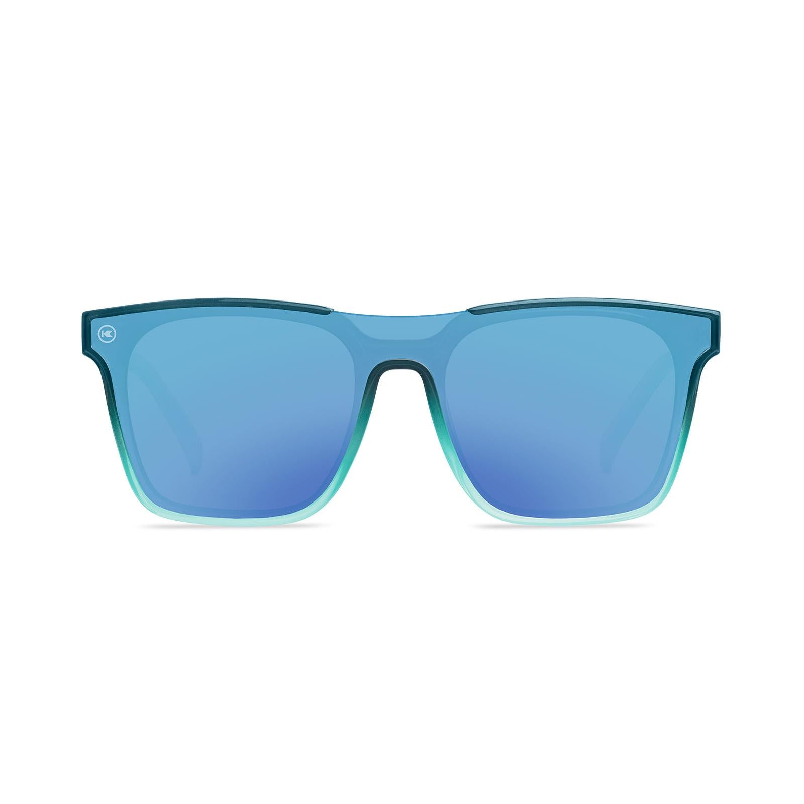Sunglasses with a blue frame with polarized blue lenses, front