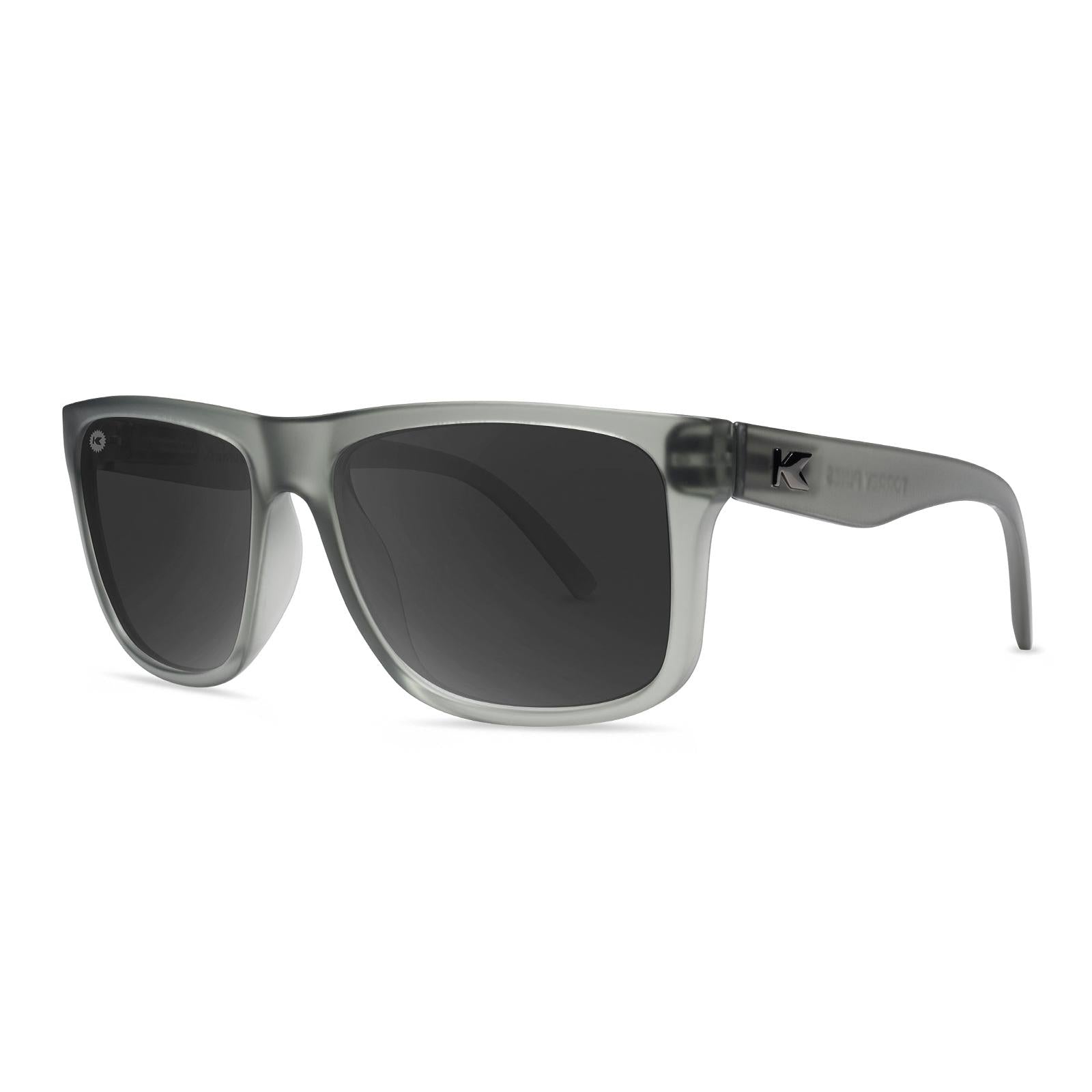 Sunglasses with Frosted Grey Frames and Polarized Black Smoke Lenses, Threequarter