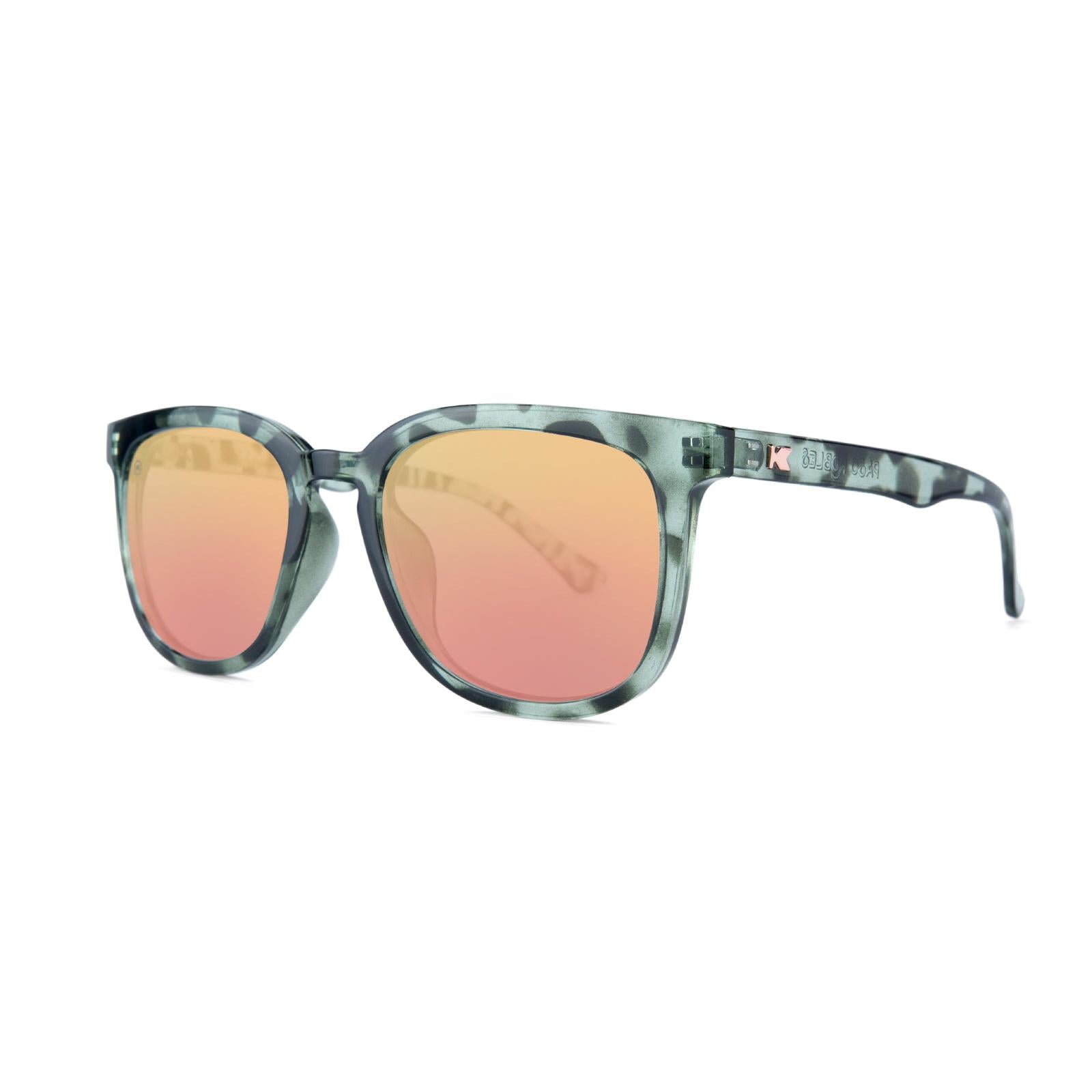 Sunglasses with Slate Tortoise Frames and Polarized Rose Gold Lenses, Threequarter