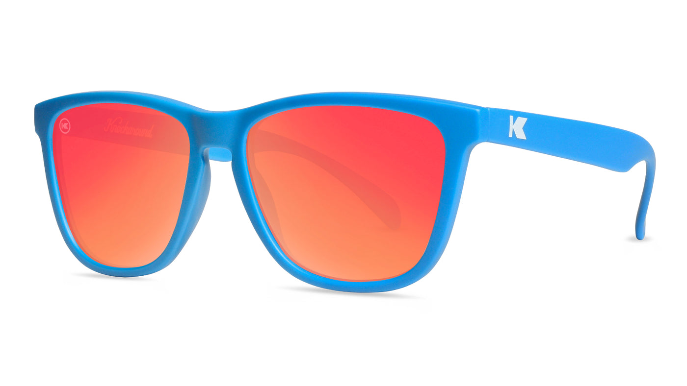Sunglasses with Matte Blue Frames and Polarized Red Lenses,  Threequarter