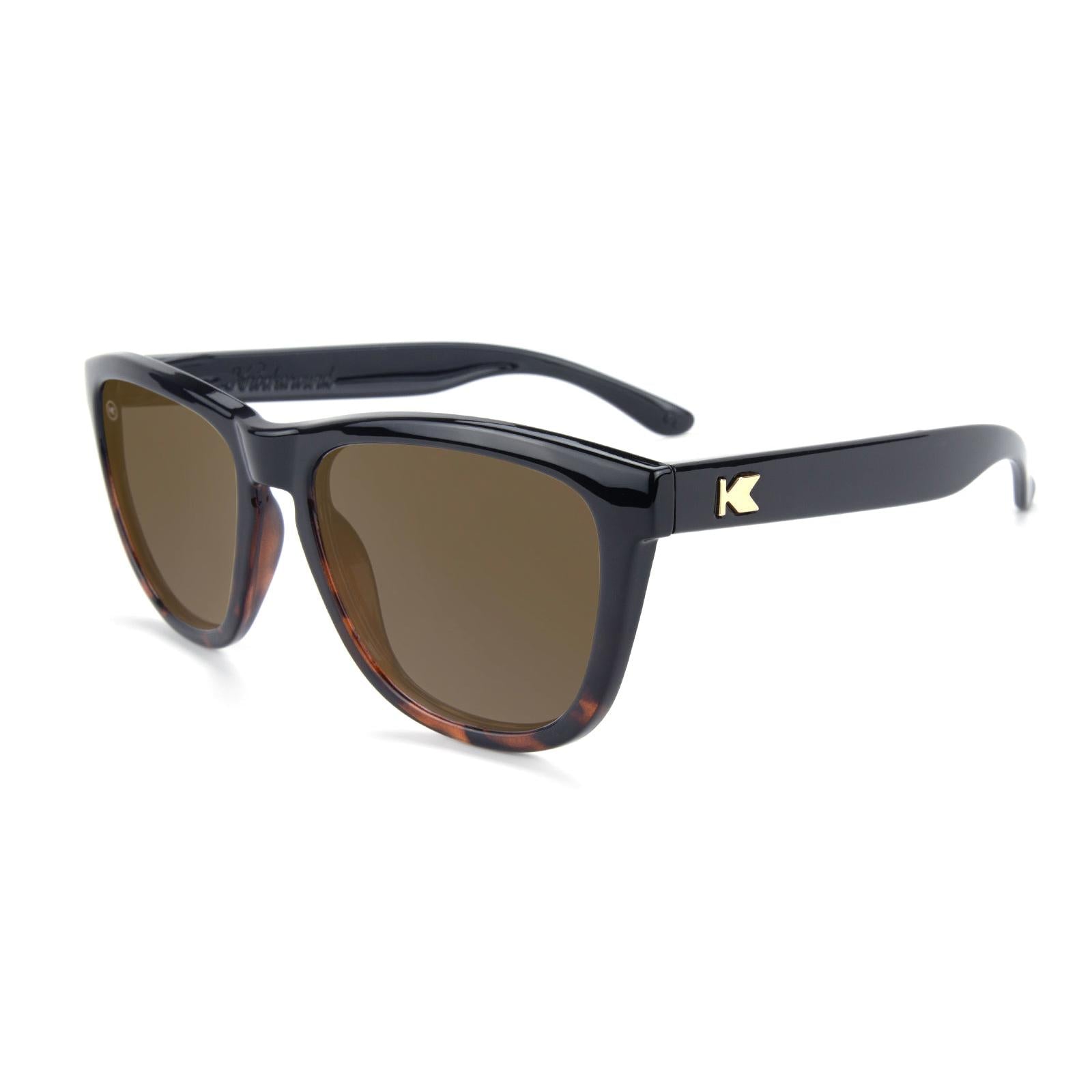 Sunglasses with Glossy Black and Tortoise Shell Frame and Polarized Amber Lenses, Flyover