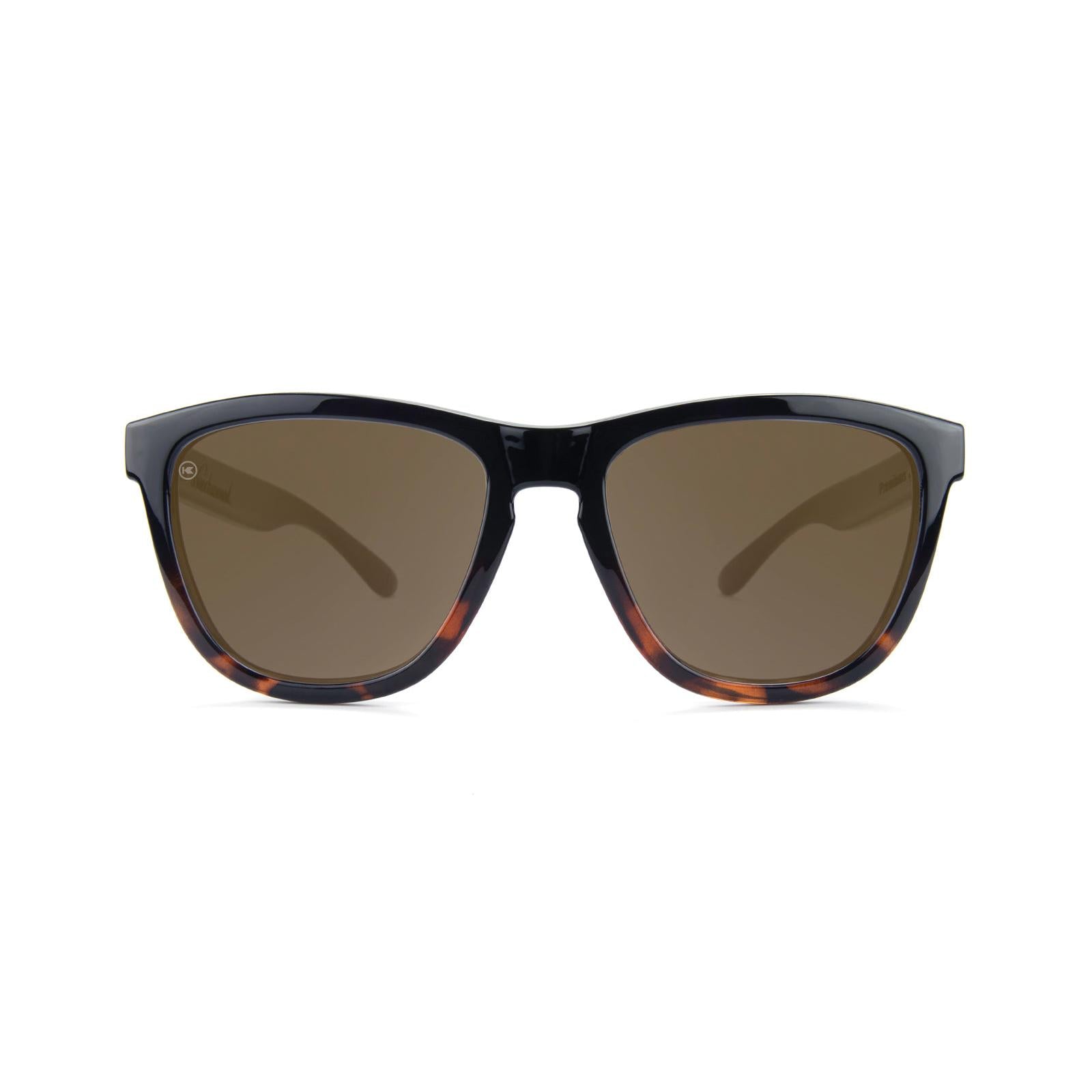 Sunglasses with Glossy Black and Tortoise Shell Frame and Polarized Amber Lenses, Front