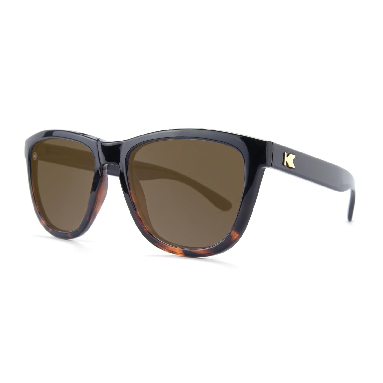 Sunglasses with Glossy Black and Tortoise Shell Frame and Polarized Amber Lenses, Threequarter