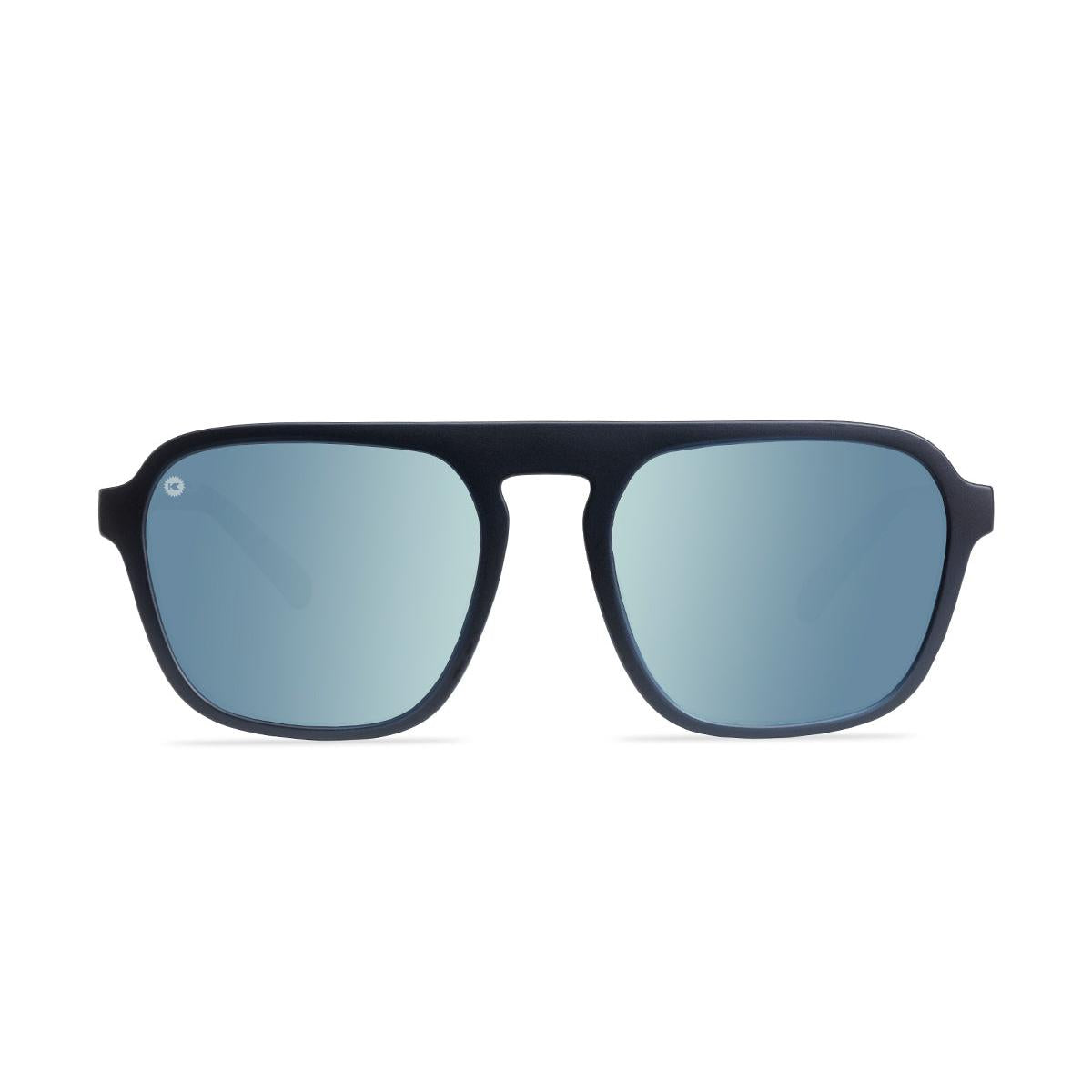 Sunglasses with black fronts, blue palm tree arms and polarized sky blue lenses, front