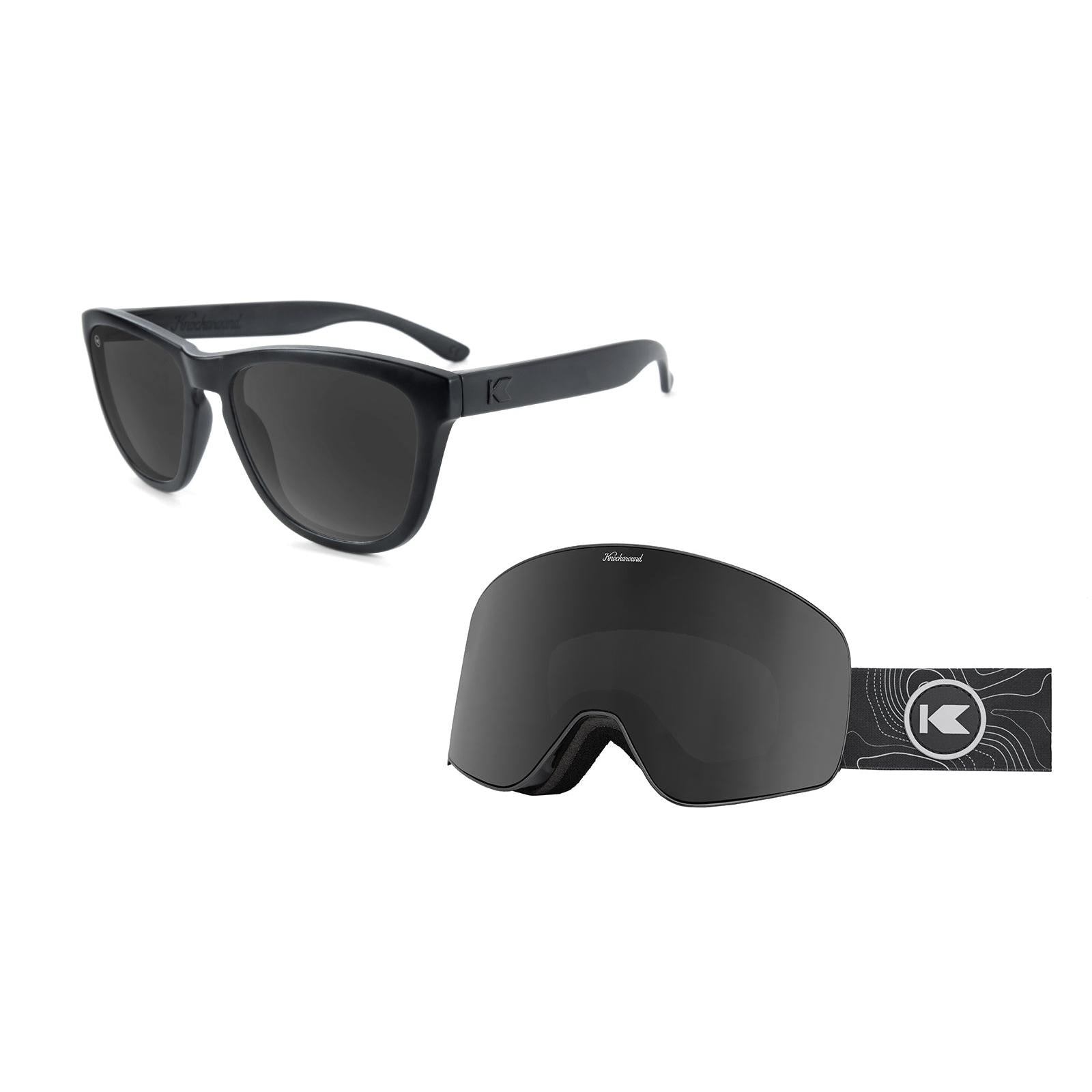 All Black Premiums Sunglasses and Slingshots Snow Goggles Bundle, Flyover