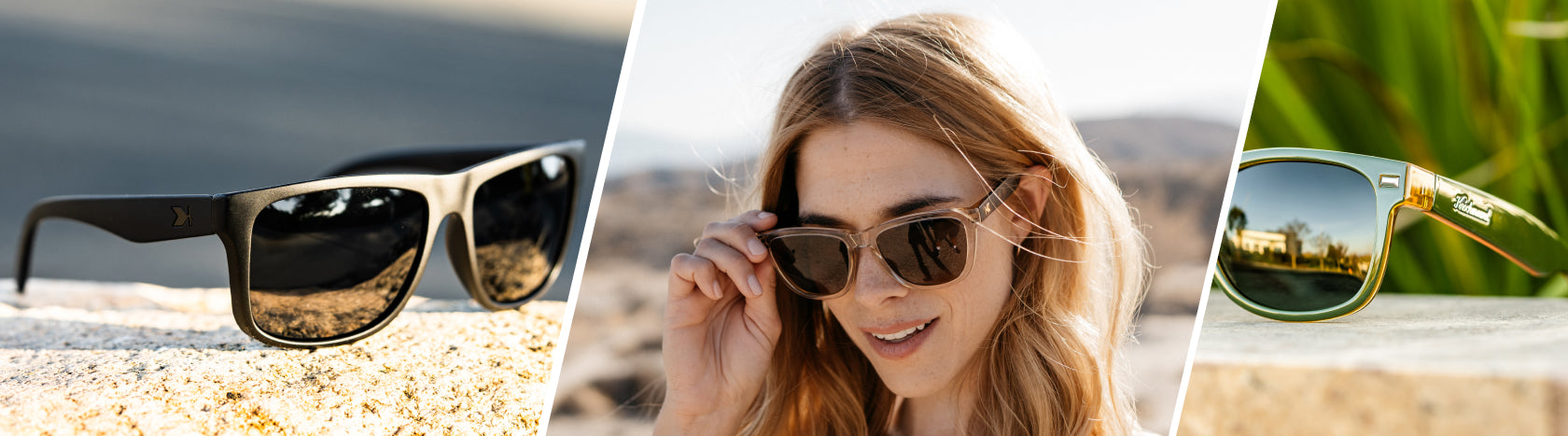 Affordable Prescription Sunglasses. Lifestyle photo of Black on Black Torrey Pines and Coyote Calls Fort Knocks Prescription Sunglasses. Women wearing On The Rocks Premiums Prescription Sunglasses