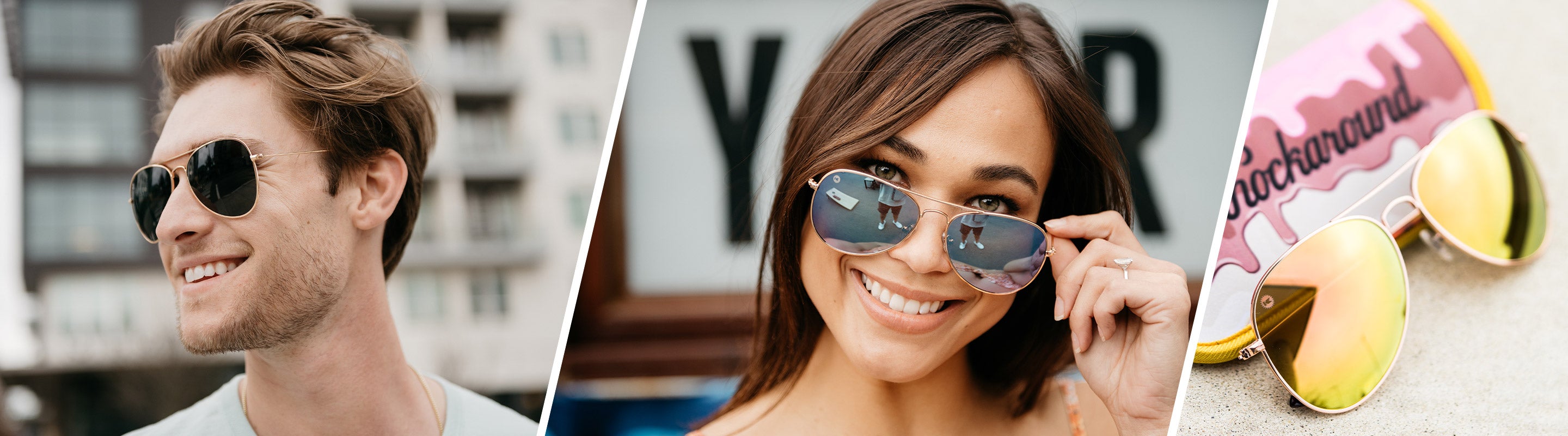 Aviator Sunglasses, Man and woman wearing Knockaround Mile Highs