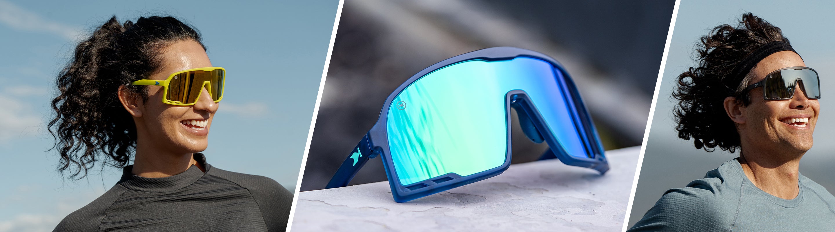 Campeones Sunglasses: Lifestyle photo of Rubberized Navy / Mint Campeones Sunglasses, and Man & Women wearing Campeones Sunglasses
