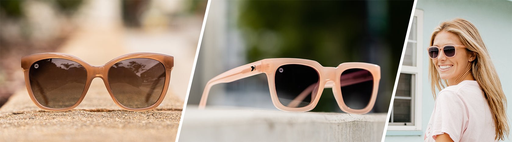 Rose Sunglasses: Lifestyle photo of Rose Latte Deja Views and vintage Rose Songbirds Sunglasses, Women wearing Paso Robles Sunglasses