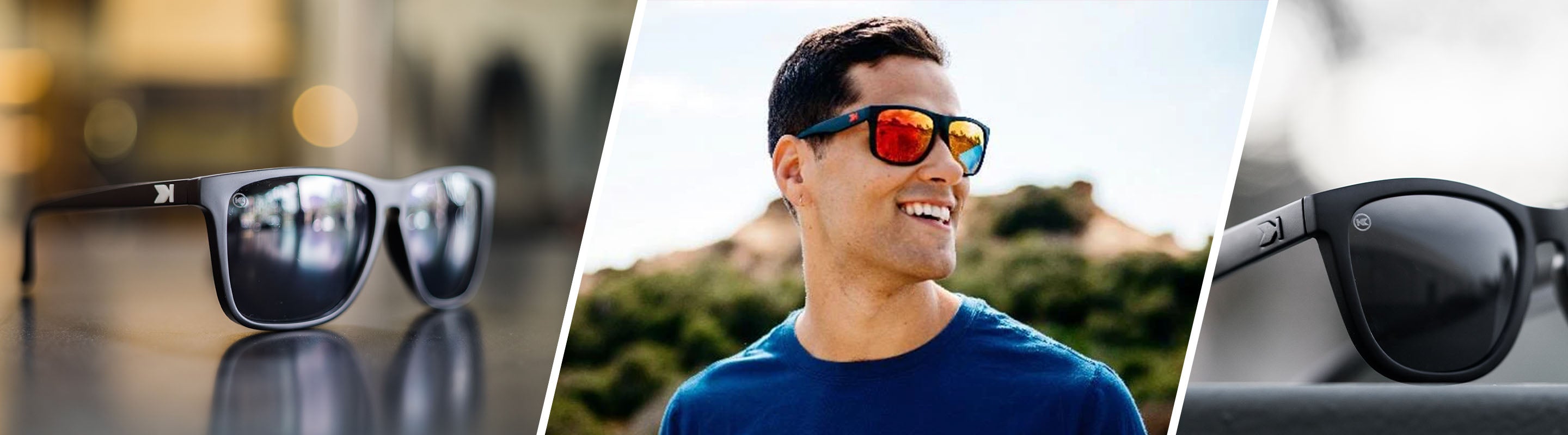 Best Sunglasses for Firefighters, Lifestyle photo of two Knockaround sunglasses, and Man wearing Matte Black / Red Sunset Torrey Pines