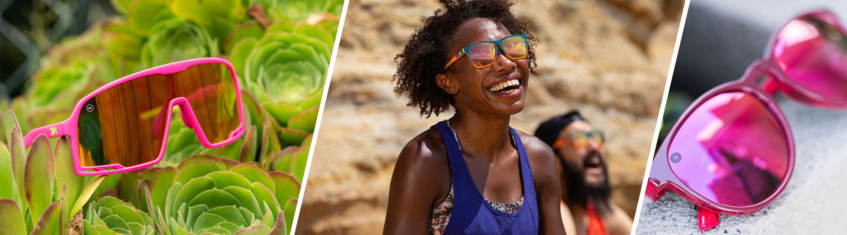 Red Sunglasses: Women wearing Desert Fast Lanes Sport Sunglasses, Lifestyle photo of Campeones and Mai Tais Sunglasses