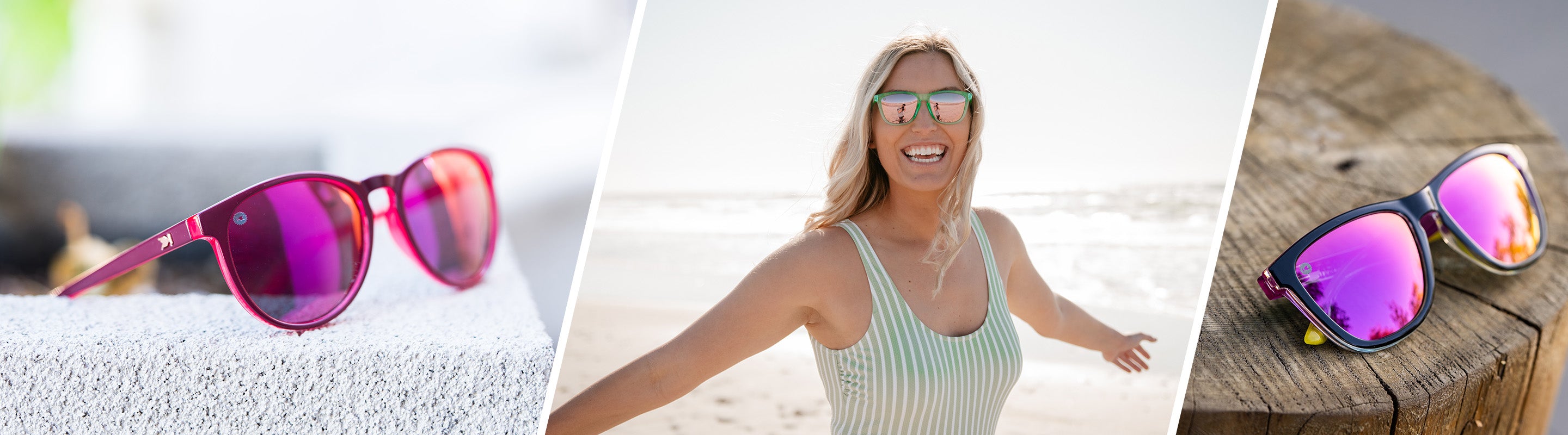 Lifestyle photo of Mai Tais Watermelon Geode and Premiums Sunglasses, and Women wearing Classic Sunglasses