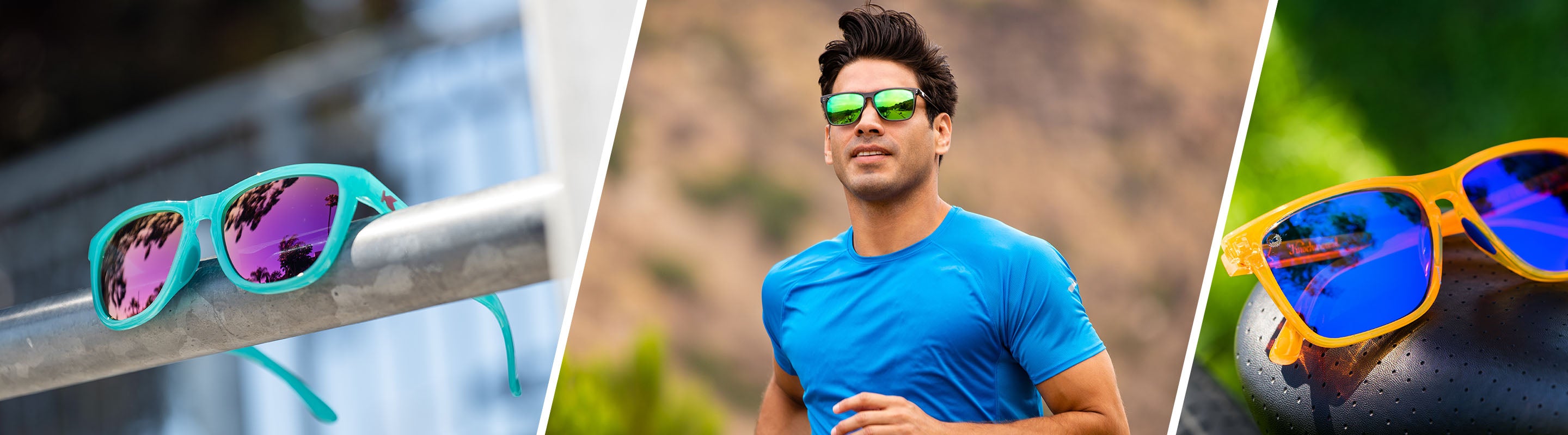 Lifestyle Photo of Premiums Sport Sunglasses, and Man wearing Fast Lanes Sport Clear Grey / Green Moonshine Neon Sunglasses