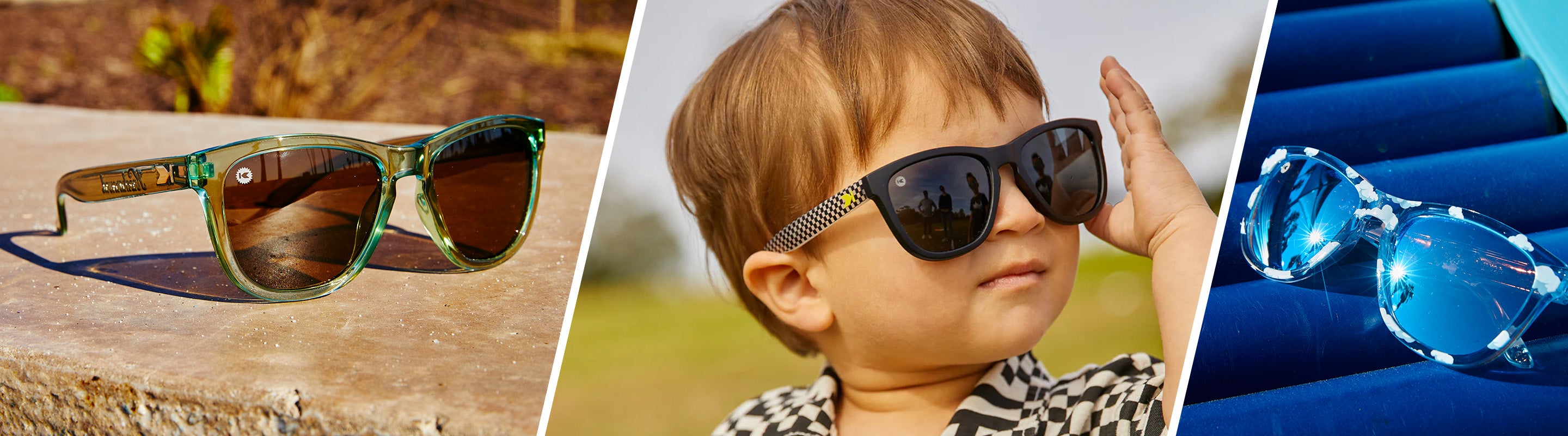 Kids Premiums: Lifestyle Photo of Kids Premiums Aged Sage, Kid wearing Kids Premiums Sk8er, and Kids Premium Head in the Clouds Sunglasses