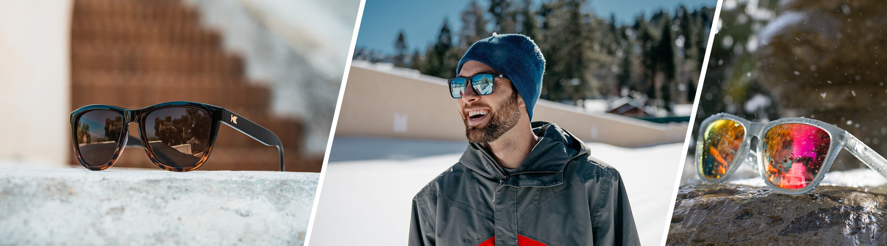 UV400 Sunglasses: Lifestyle photo of Two Premiums Sunglasses, and Man wearing Fast Lanes Sunglasses