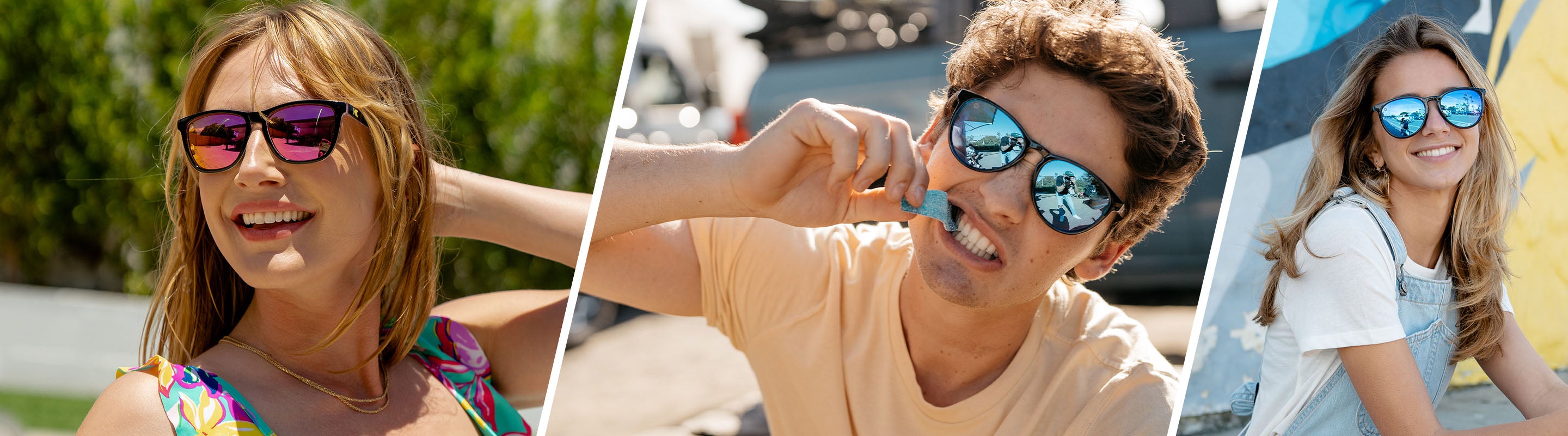 Snack Collection: One Men and Two Women wearing Knockaround Sunglasses