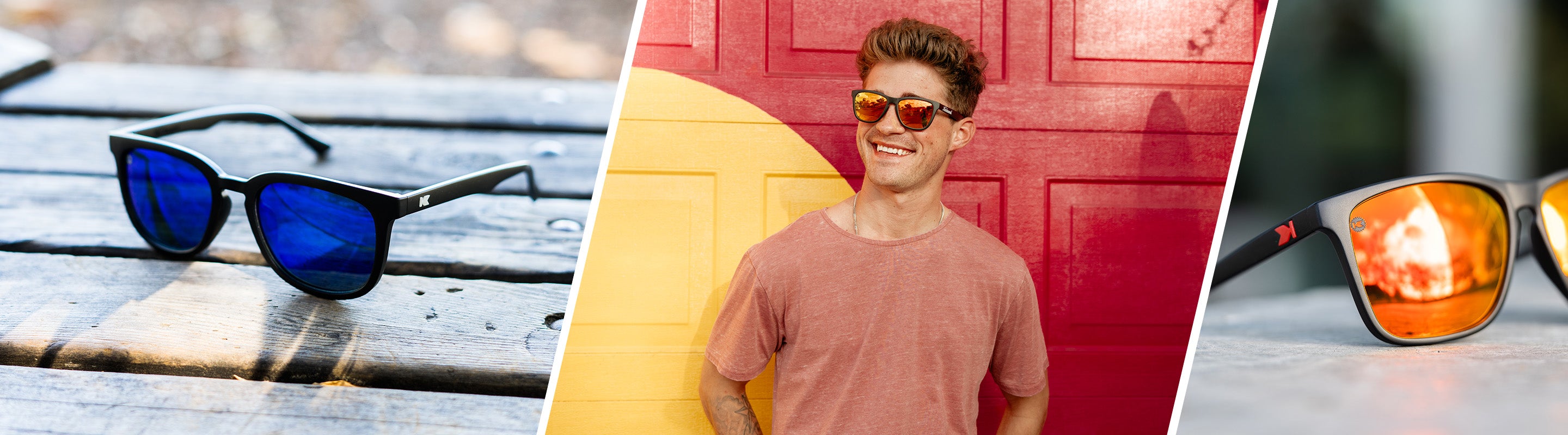 Black Sunglasses For Men, Lifestyle photo of Two Knockaround Sunglasses, and Man wearing Knockaround Sunglasses