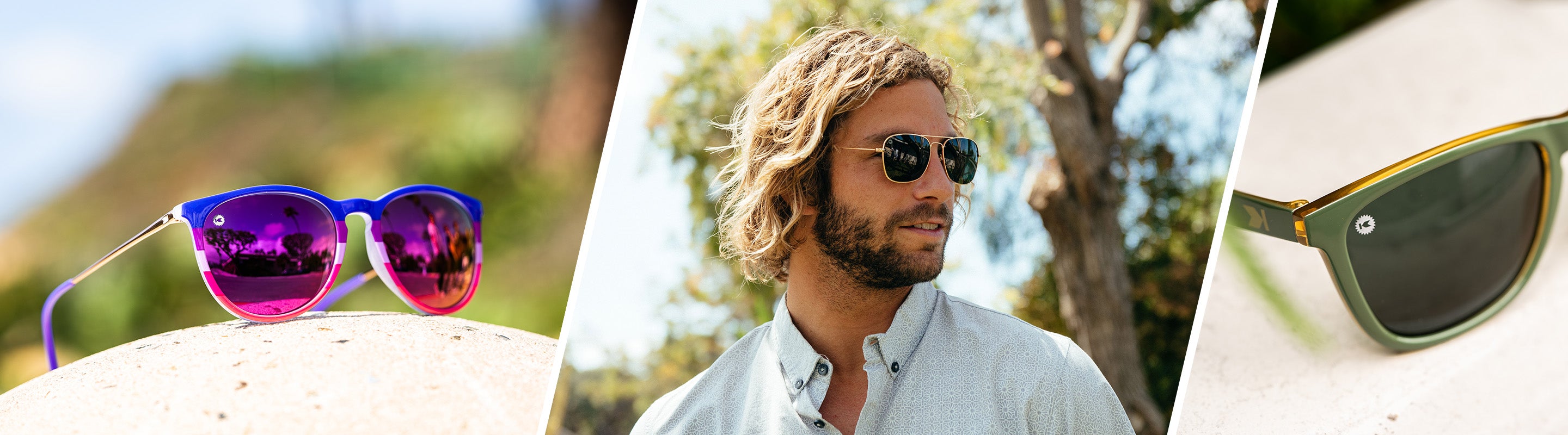 Light Sunglasses: Man wearing Mount Evans Sunglasses, and Lifestyle photo of Mary Janes and Torrey Pines Sunglasses