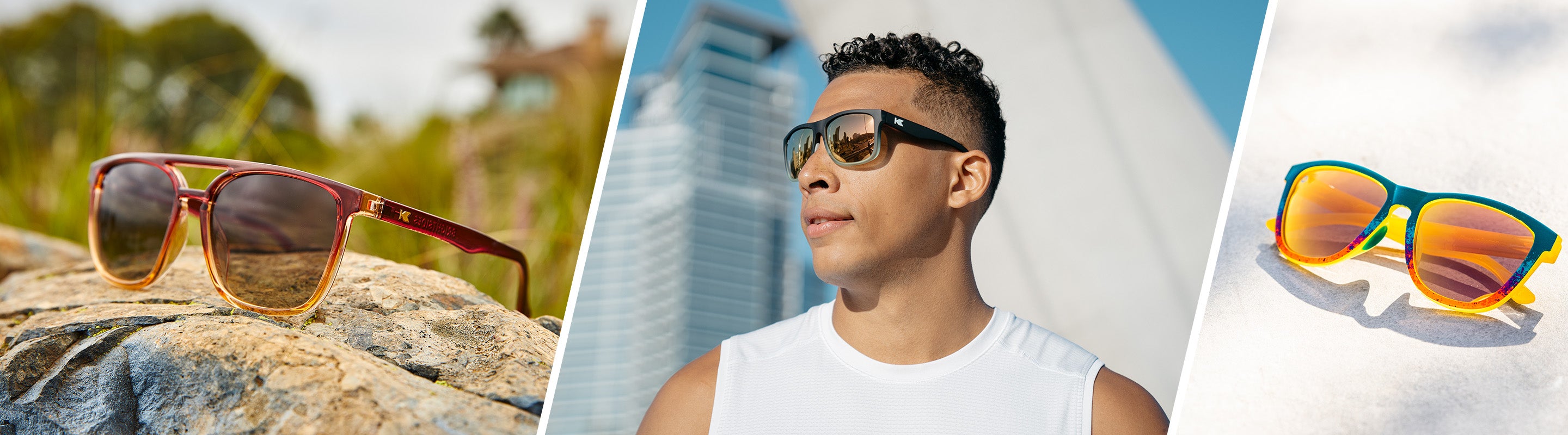 Bright Sunglasses: Lifestyle photo of Brightsides and Premiums Sport Sunglasses, and Man wearing Torrey Pines Sport Sunglasses