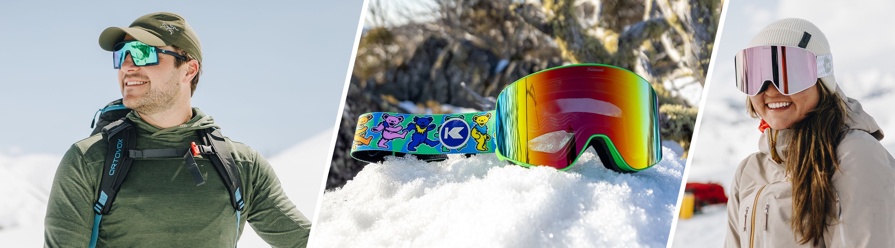 Gifts Under $90: Lifestyle photo of Grateful Dead Dancing Bears Slingshots Snow Goggles, Men wearing Campeones Sunglasses and Women wearing Slingshots Snow Goggles