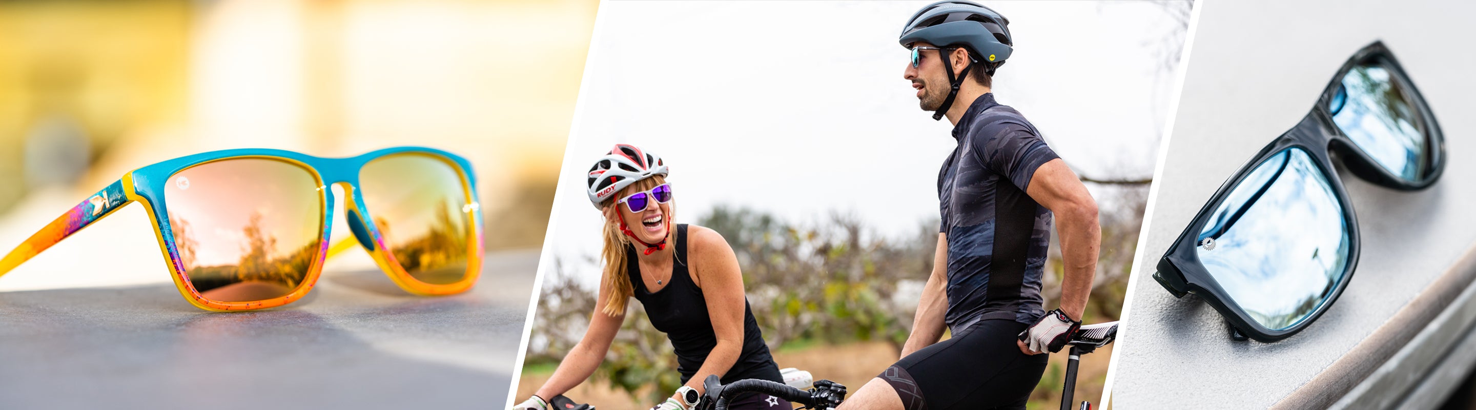 Sunglasses for Cycling: Lifestyle photo of Fast Lanes Sport and Torrey Pines Sport Sunglasses, Men and Women wearing Fast Lanes Sport Sunglasses
