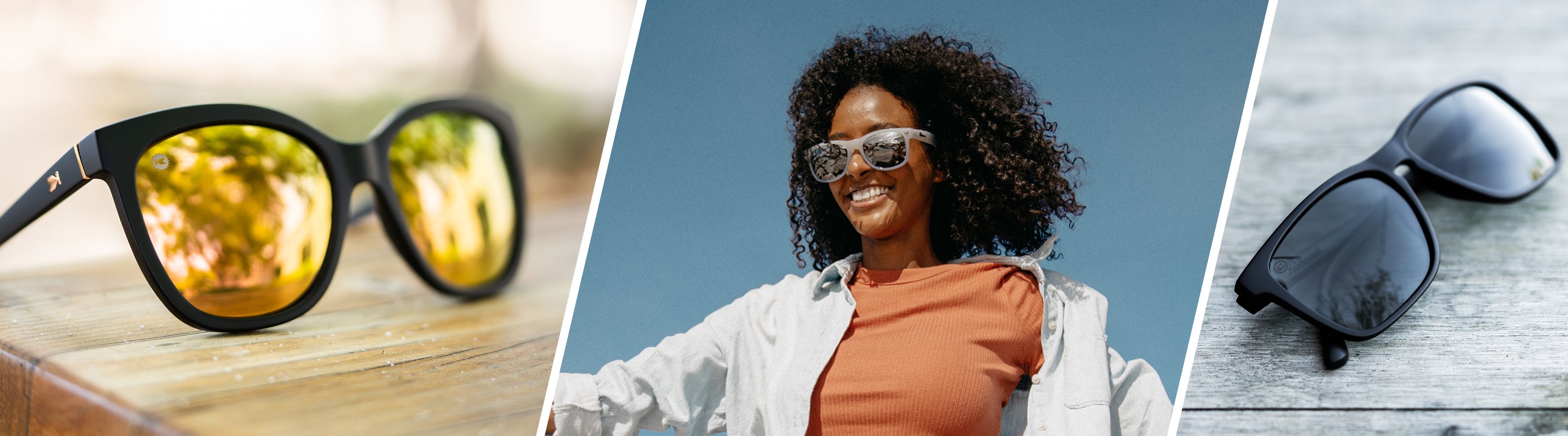 Sunglasses for Diamond-Shaped Faces: Lifestyle photo of Deja Views and Fast Lanes Sunglasses, Women wearing Fort Knocks Sunglasses