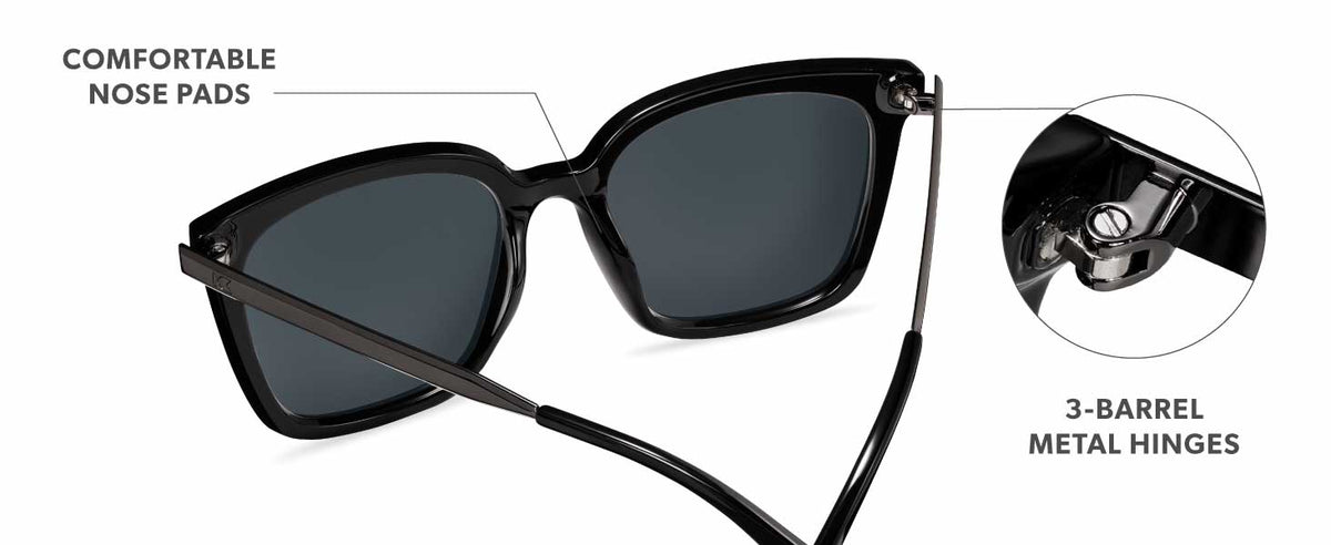 Belle Airs. Comfortable Nose Pads. 3-barrel metal hinges. Photo features Piano Black Belle Airs and details of the highlighted parts of the frame.