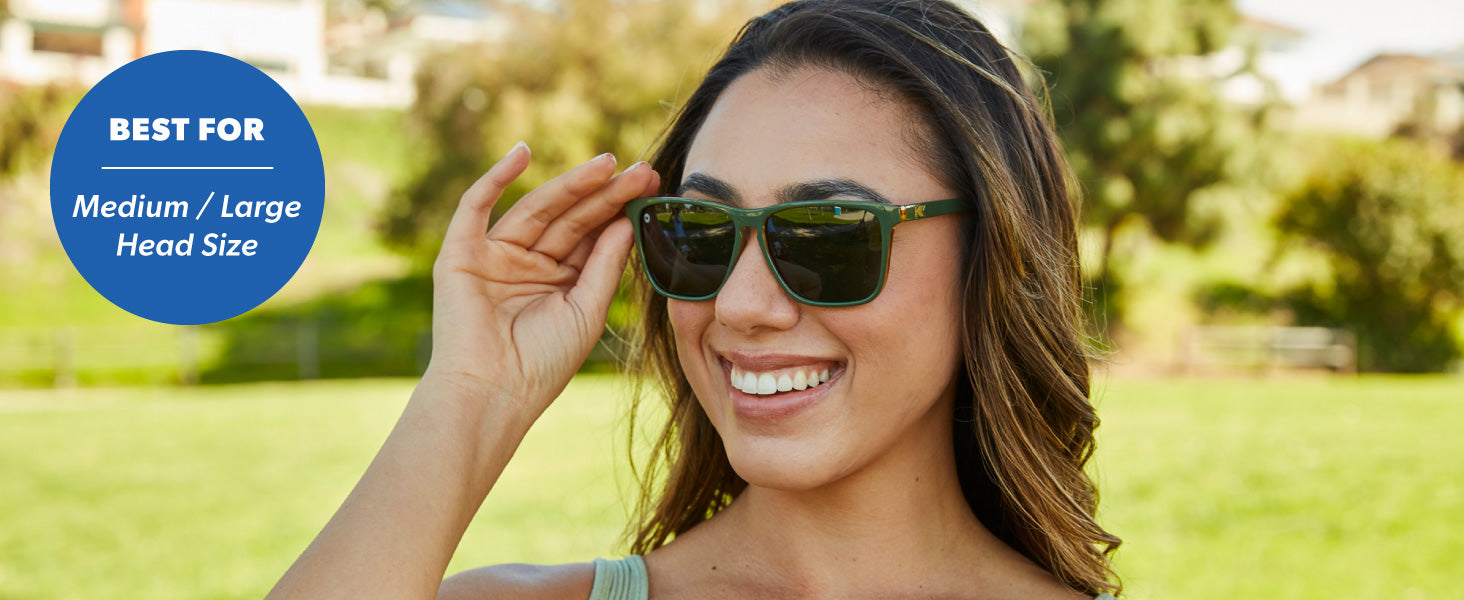 Fast Lanes are best for medium to large sized faces. Photo features a woman wearing Fast Lanes sunglasses