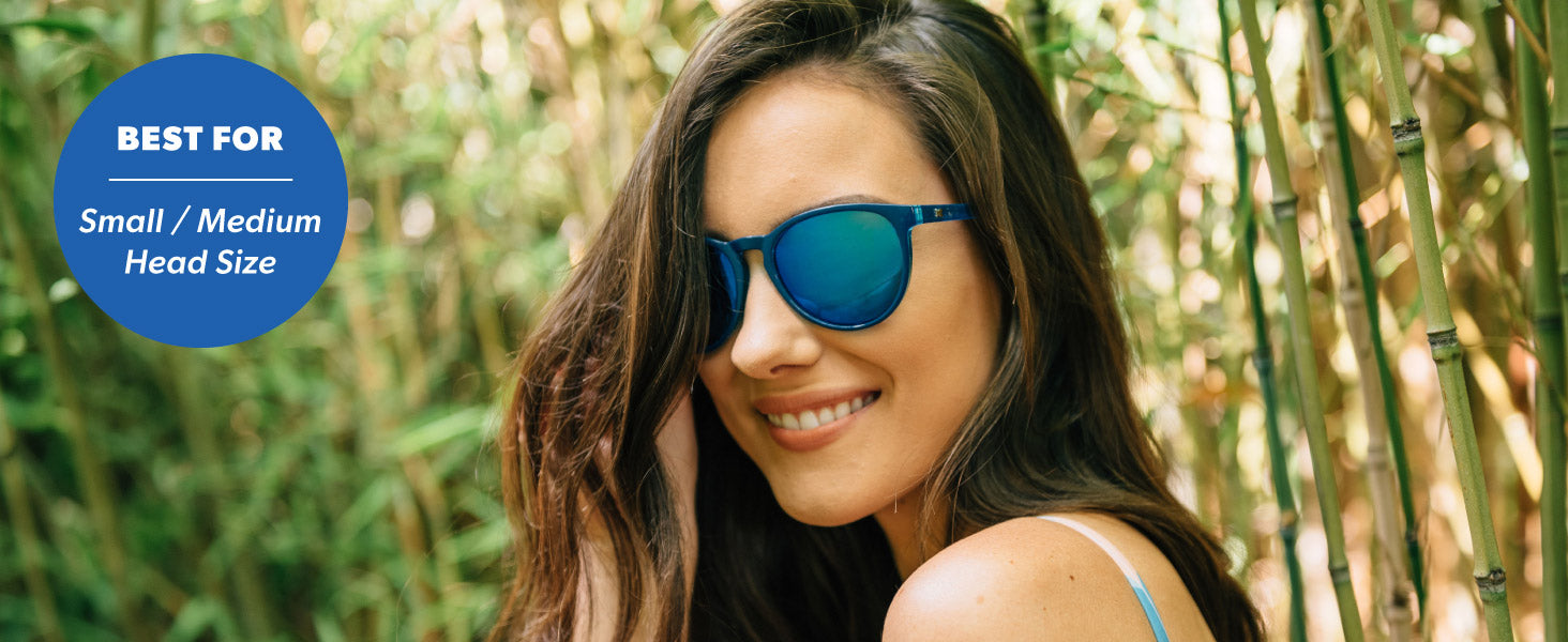 Mai Tais are best for small to medium sized faces. Photo features a woman wearing Mai Tais sunglasses