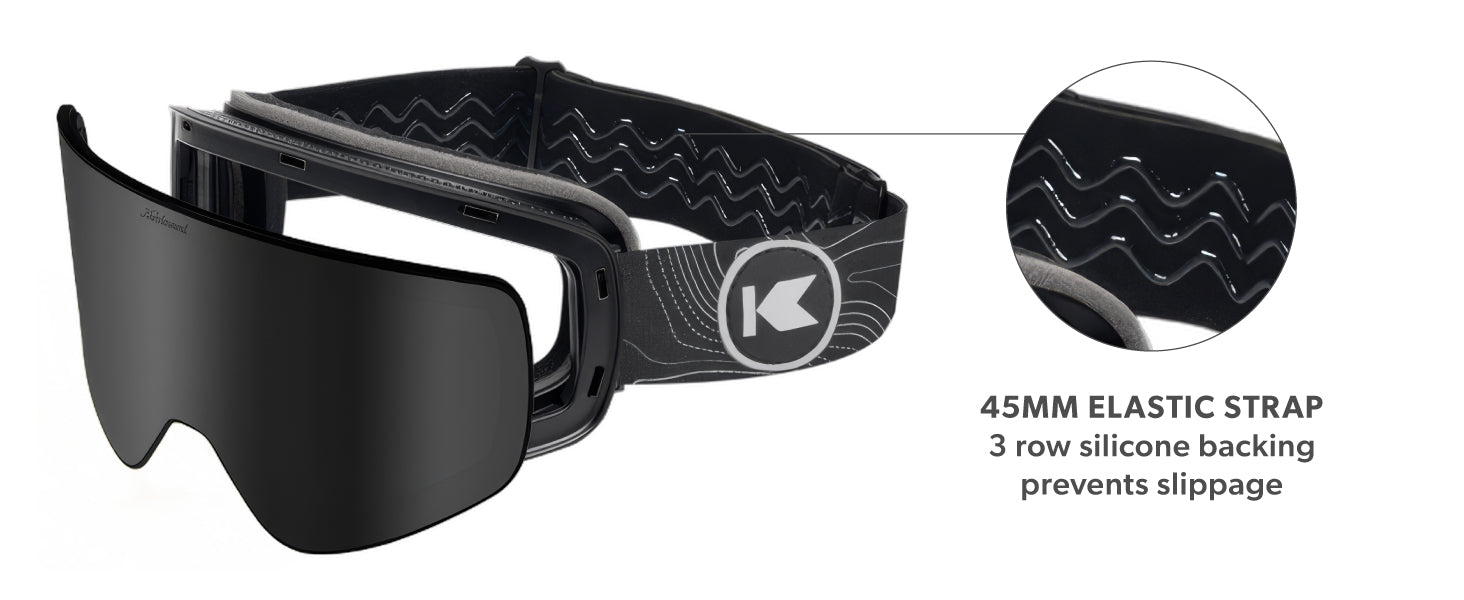 Slingshots Snow Goggles. 45mm elastic strap, 3 row silicone backing prevents slippage