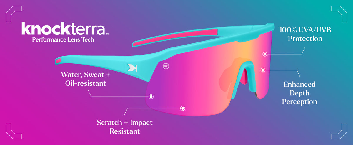 Knockterra Performance Lens Tech. Water, Sweat + Oil Resistant Lens Coating. Enhanced Depth Perception. UV400 Protection: Stops harmful UVA/UVB rays. Scratch + Impact Resistant: Designed to keep up with your active lifestyle. Photo features Wild Card / Pink Sunset Volts Sunglasses