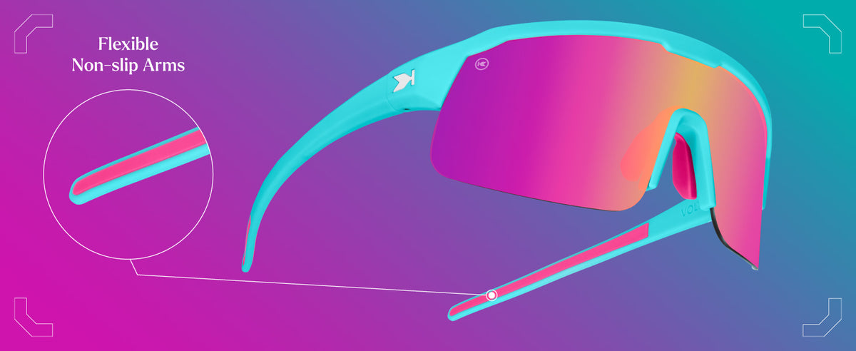 Volts Sunglasses. Flexible Non-slip arms. Photo features Wild Card / Pink Sunset Volts Sunglasses