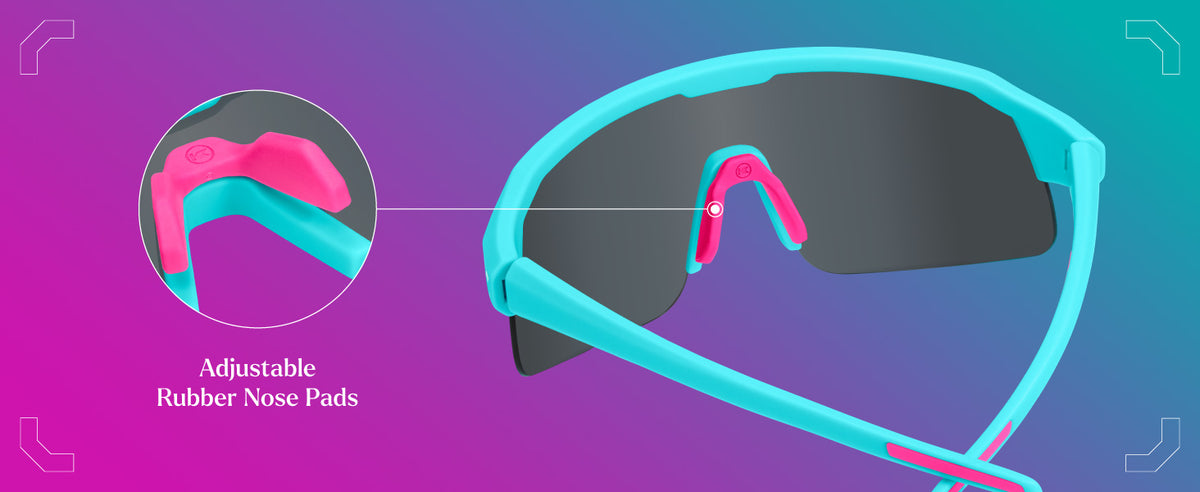 Volts Sunglasses. Adjustable Rubber nose pads. Photo features Wild Card / Pink Sunset Volts Sunglasses and and details of the highlighted parts of the frame.