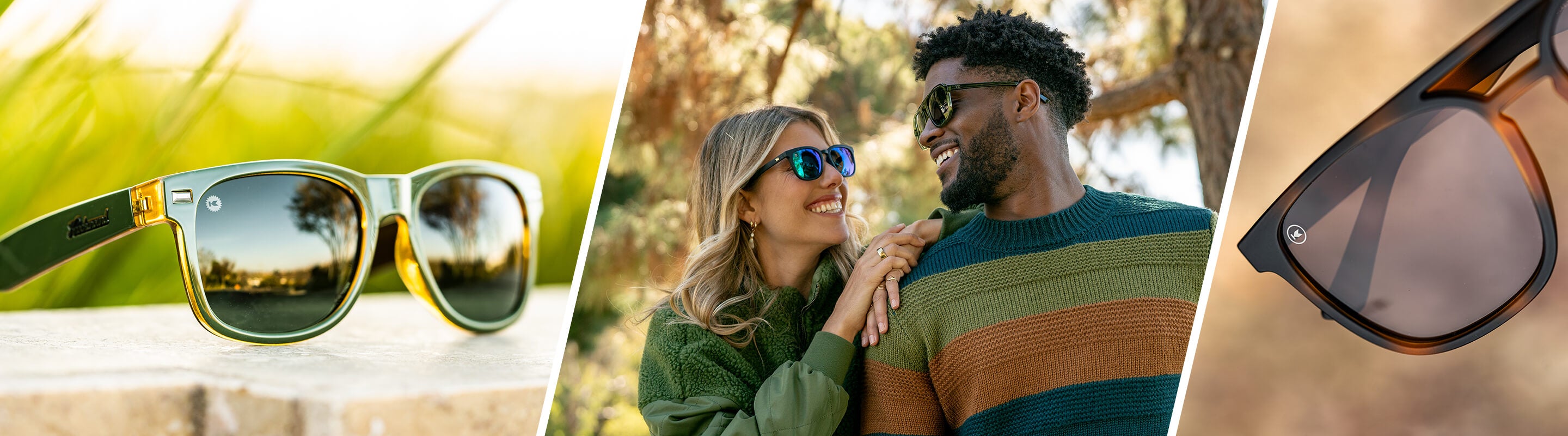 Collage of sunglasses with a green background, a couple embracing outdoors, and a close-up of sunglasses.