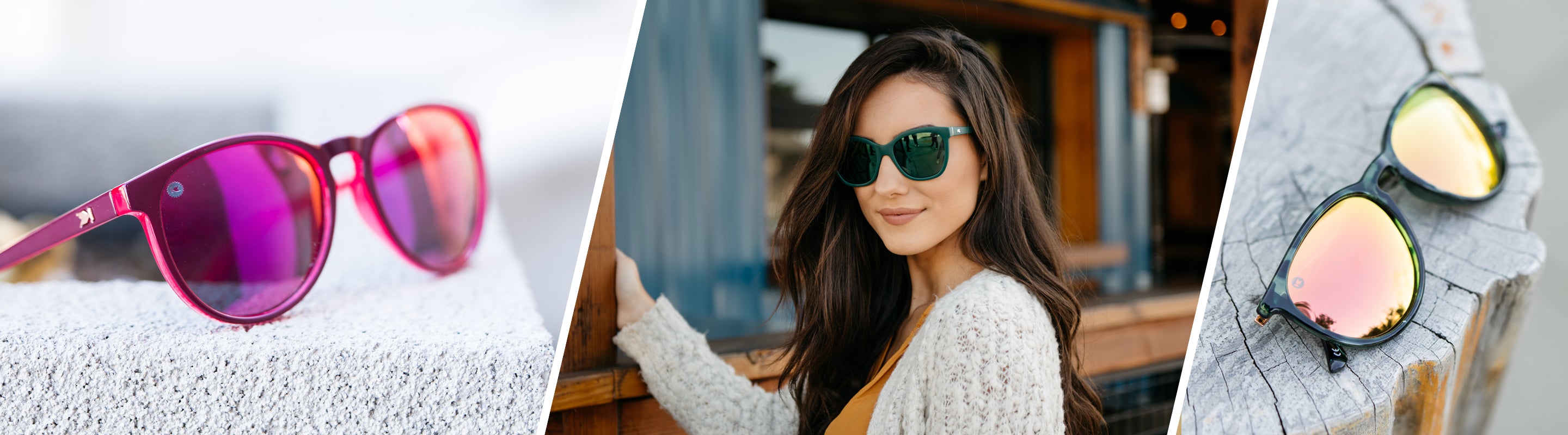 Gifts for Her: Lifestyle photo of Mai Tais Sunglasses, and women wearing Poison Ivy Deja Views Sunglasses