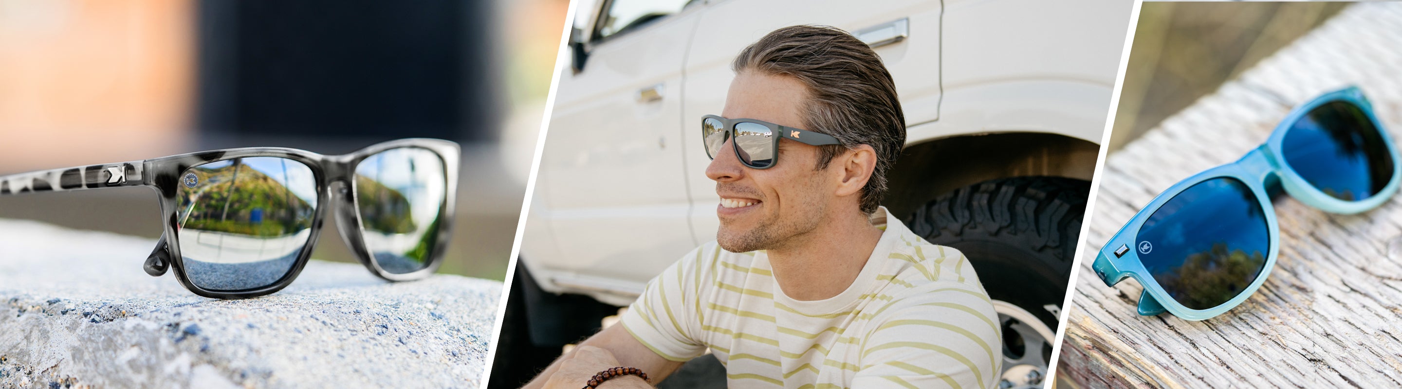 Gifts for Him: Lifestyle photo of Fast Lanes and Fort Knocks Sunglasses, and Men wearing Torrey Pines Sunglasses