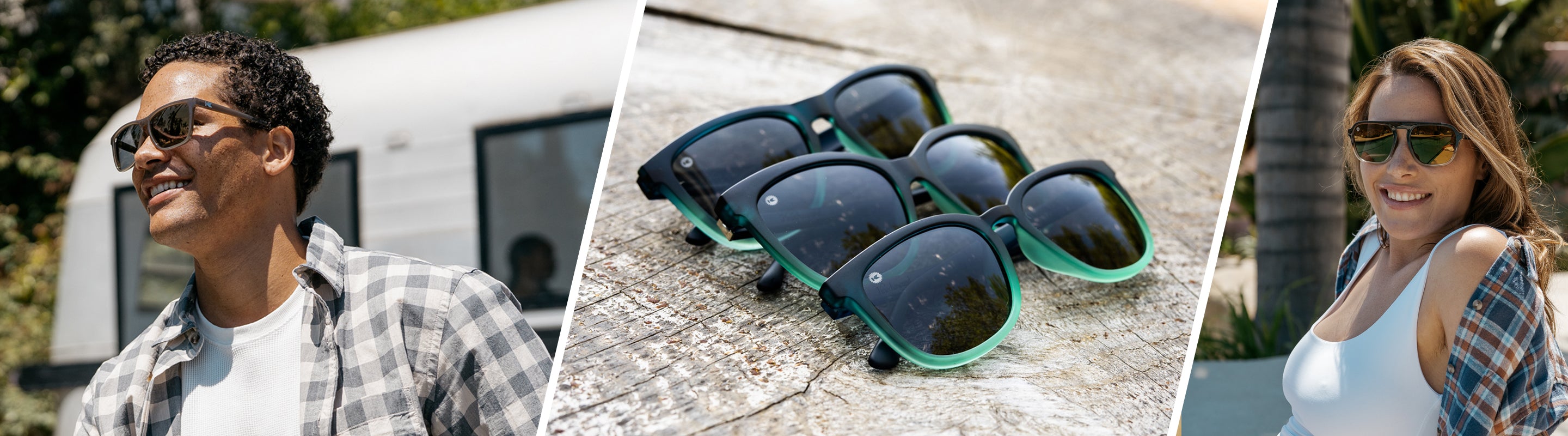 Gifts Under $30: Lifestyle photo of Rising Tides Sunglasses, and Men and Women wearing Knockaround Sunglasses