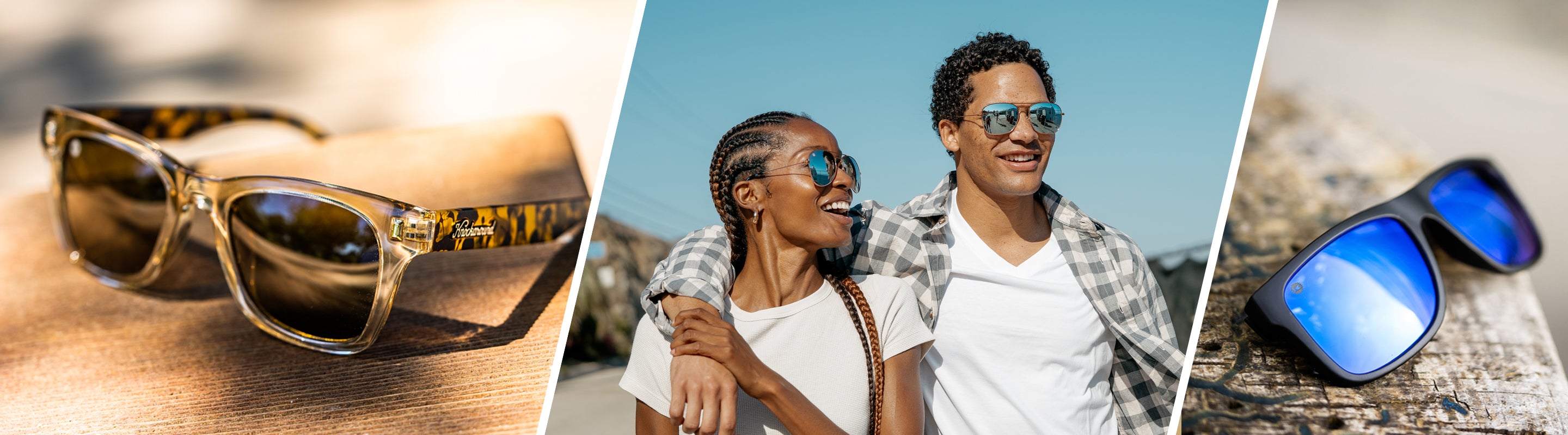 Gifts Under $50: LIfestyle photo of Seventy Nines and Torrey Pines Sunglasses, and Men wearing Mount Evans and Women wearing Mile Highs Sunglasses