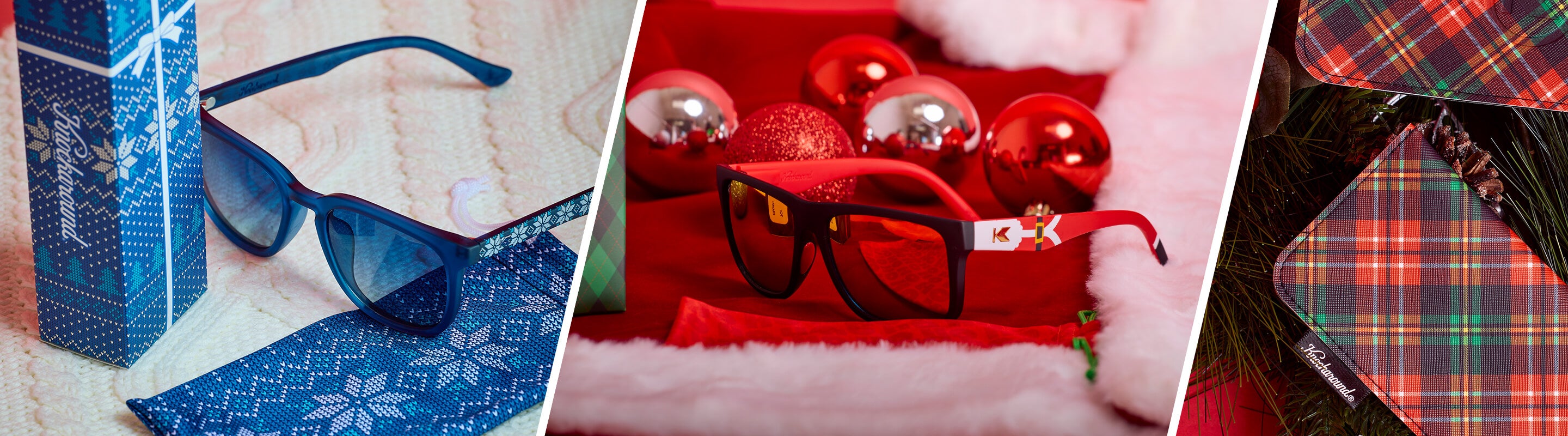 Collage of sunglasses with festive backgrounds
