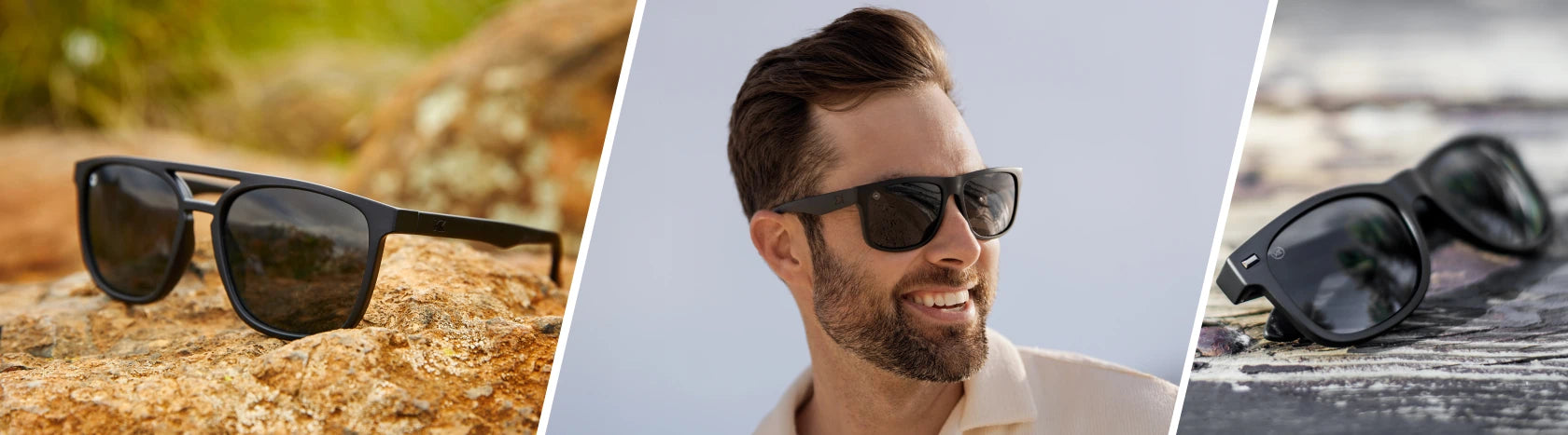 Men's Black Sunglasses. Lifestyle photo of Black on Black Brightsides and Black on Black Fort Knocks Sunglasses, Men wearing Black on Black Torrey Pines