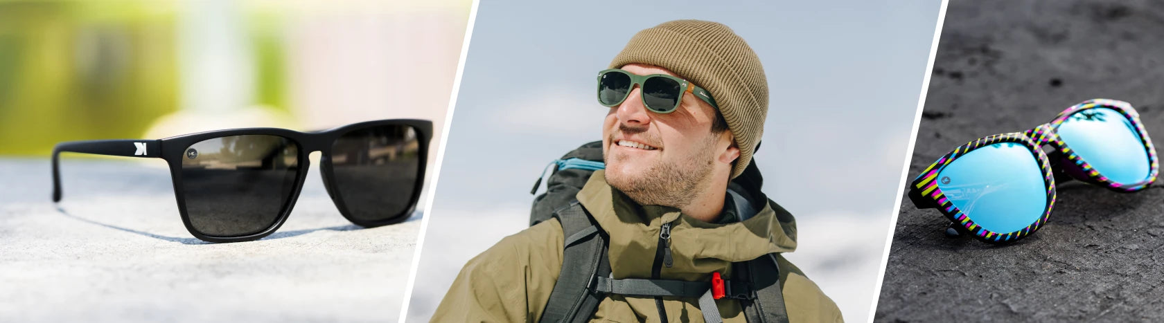 Men's Polarized Sunglasses for Snow. Lifestyle photo of Black / Smoke Fast Lanes Sport and Encore Premiums Sport Sunglasses, Men wearing Coyote Calls Fort Knocks Sunglasses
